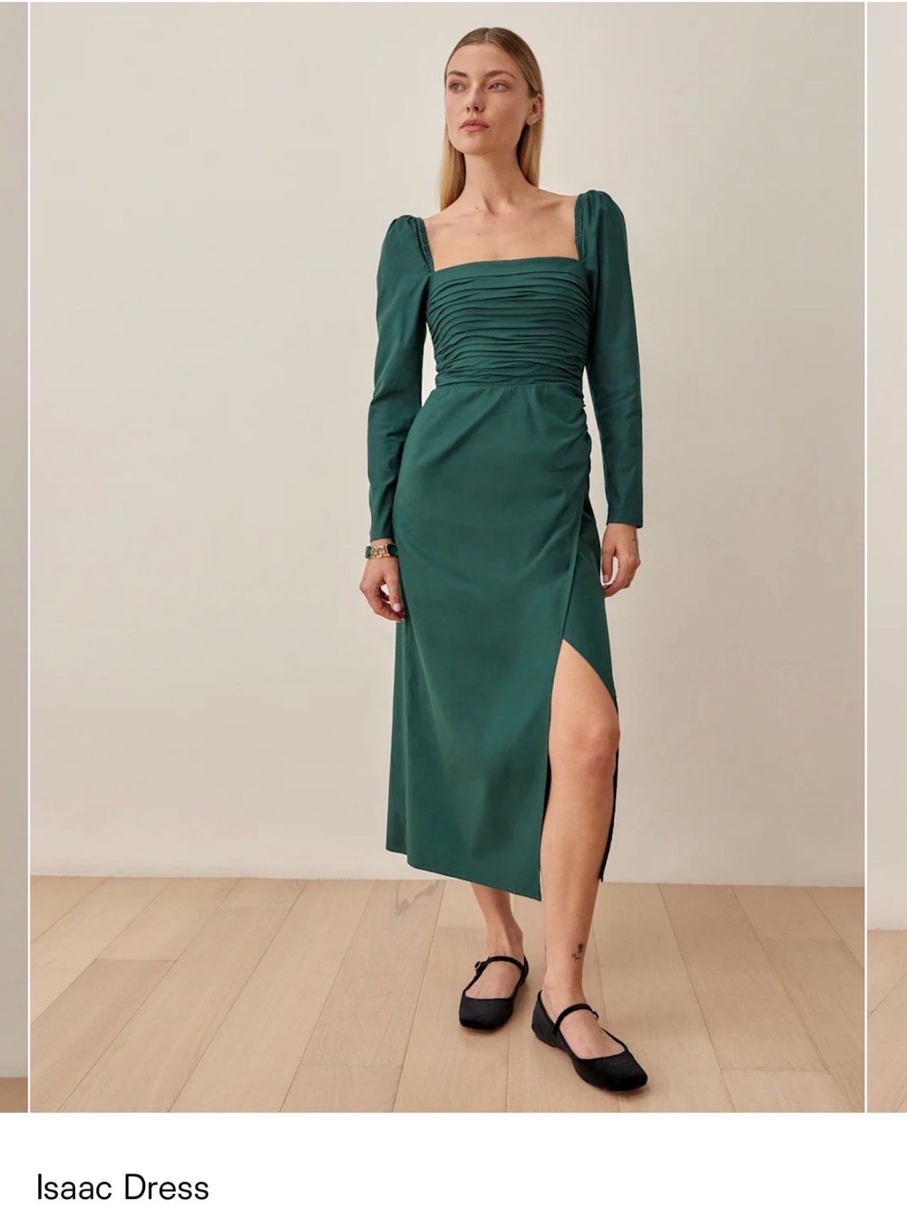 Reformation Black Long-Sleeve Ruched Midi Dress